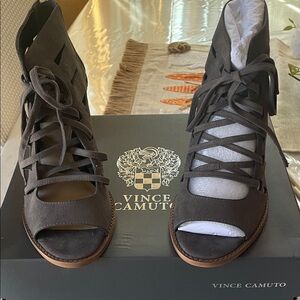 Vince Camuto Dark Brown Suede Lace-Up Peep Toe Mules